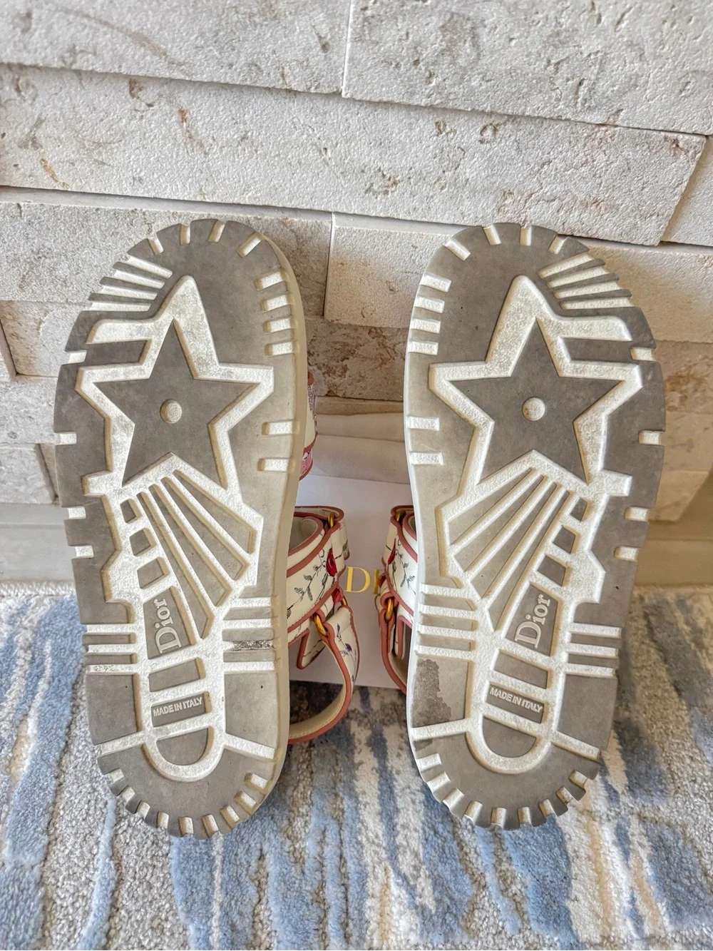 Dior Cream & Pink Floral DiorAct Dad Sandals - Gold Hardware